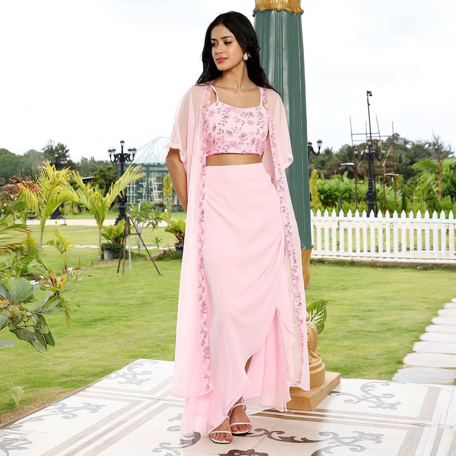 Floral-Embroidery Draped Co-Ord Set
