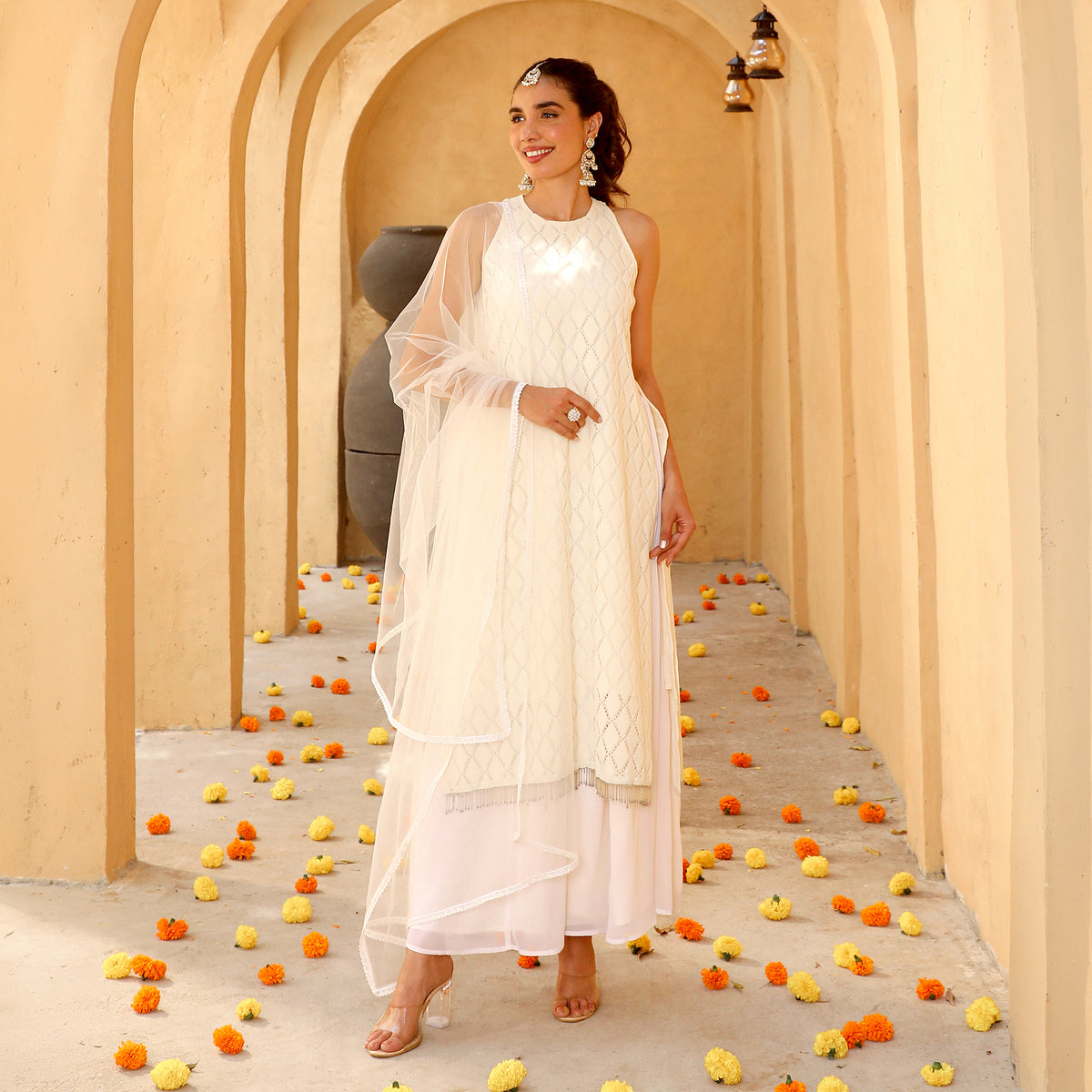 Cream Cotton Blend Kurta Palazzo & Dupatta Set