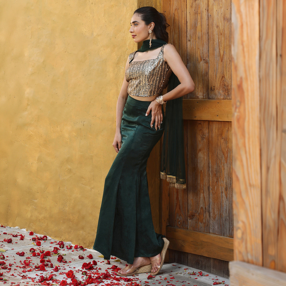 Embellished Silk Blend Sleeveless Square Neck Green  Co-ord Set