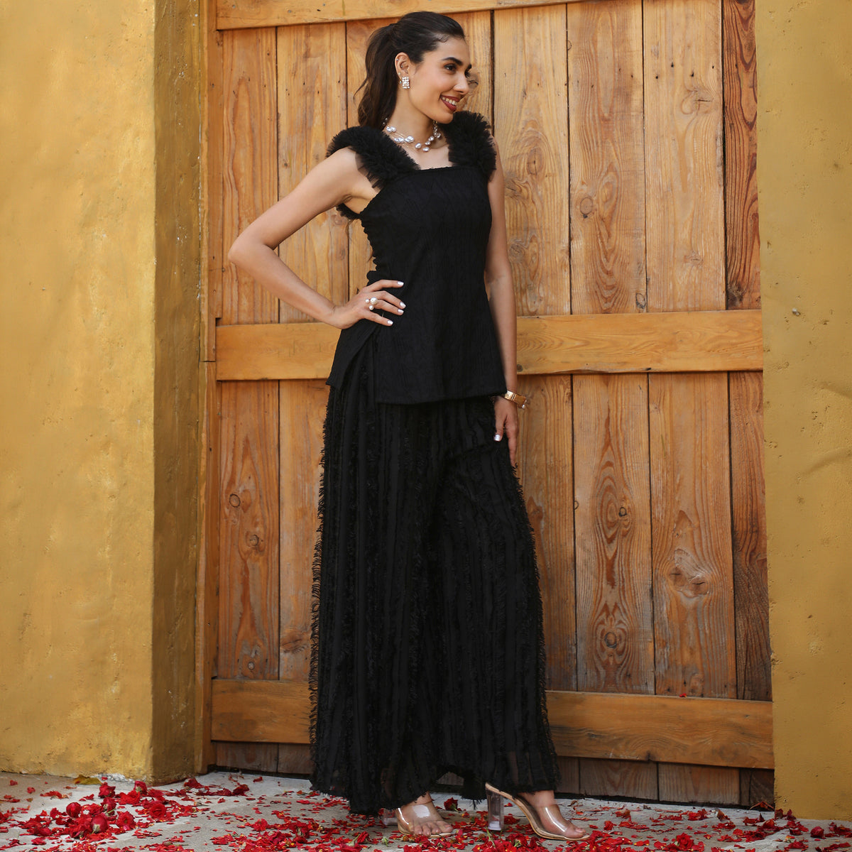 Textured Knitted Sleeveless Square Neck Black  Co-ord Set