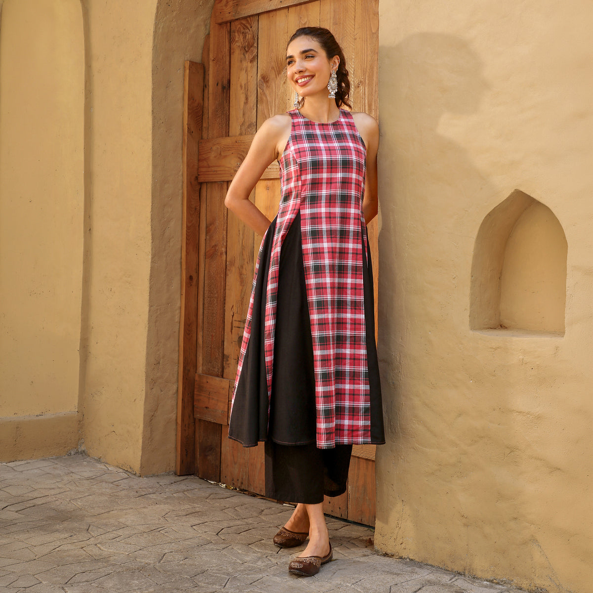 Red Cotton Blend Kurta with Palazzos
