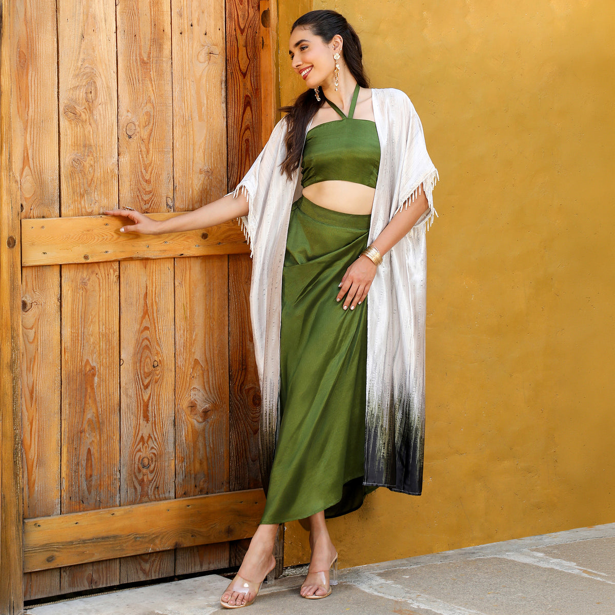 Solid Silk Blend Halter Neck Sleeveless Olive Green  Co-ord Set
