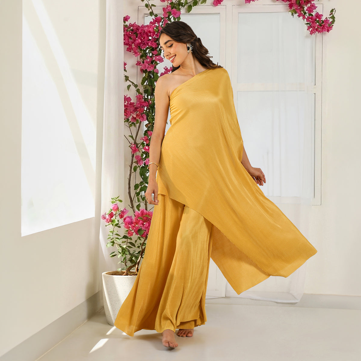 Micro-Pleated Sleeveless One-Shoulder Palazzo Mustard  Co-ord Set