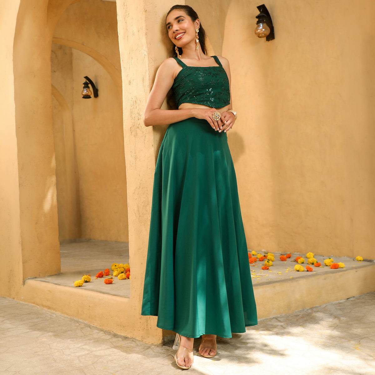 Embellished Sleeveless Square Neck Polyester Blend Green  Co-ord Set