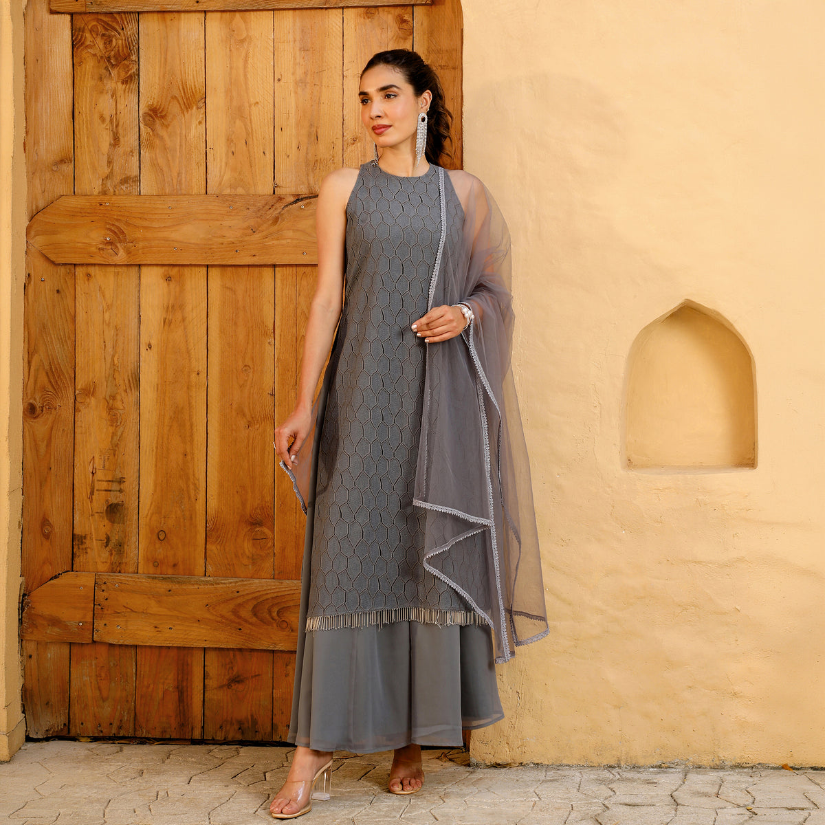 Grey Cotton Blend Geometric Textured Kurta with Palazzos & Dupatta Set