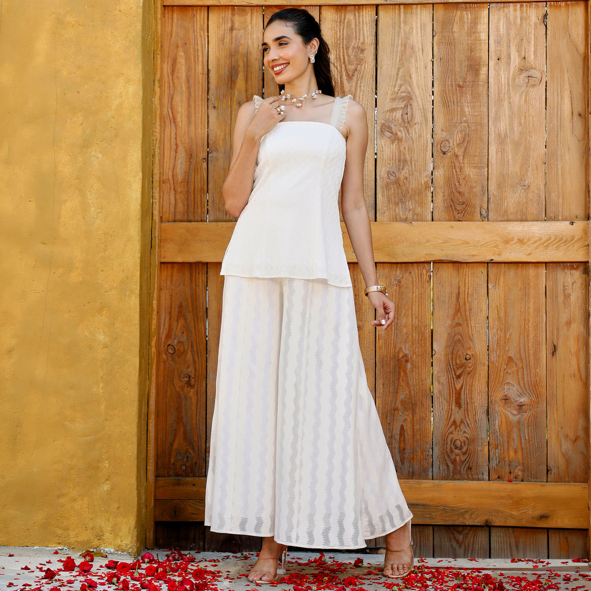 Knitted Self-Design Sleeveless Square Neck Palazzo Off-White  Co-ord Set