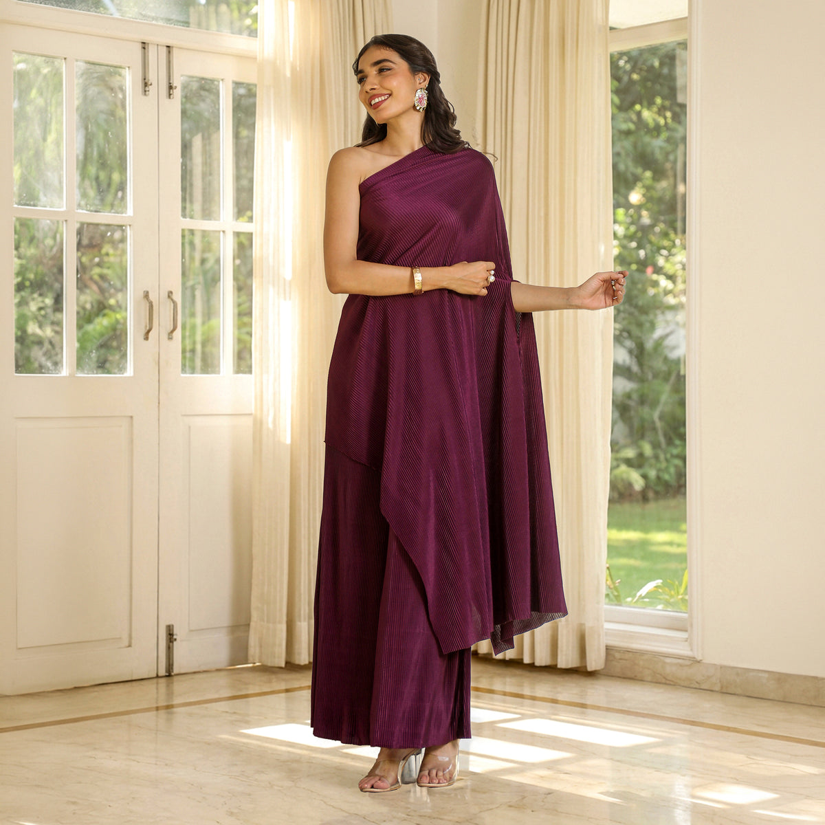 Textured Pleated One Shoulder Sleeveless Wine  Co-ord Set
