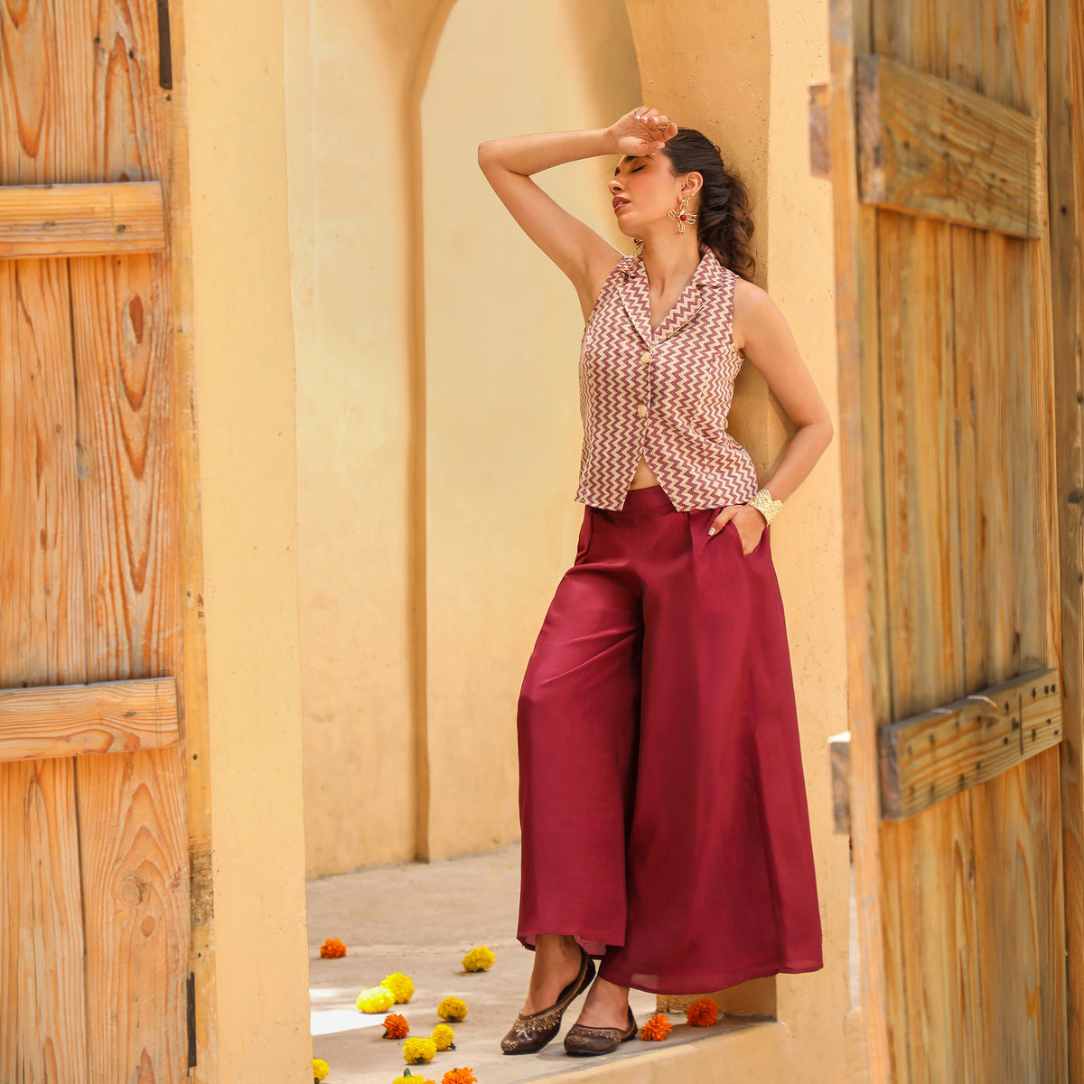 Geometric Woven Sleeveless Shirt Collar Maroon  Co-ord Set