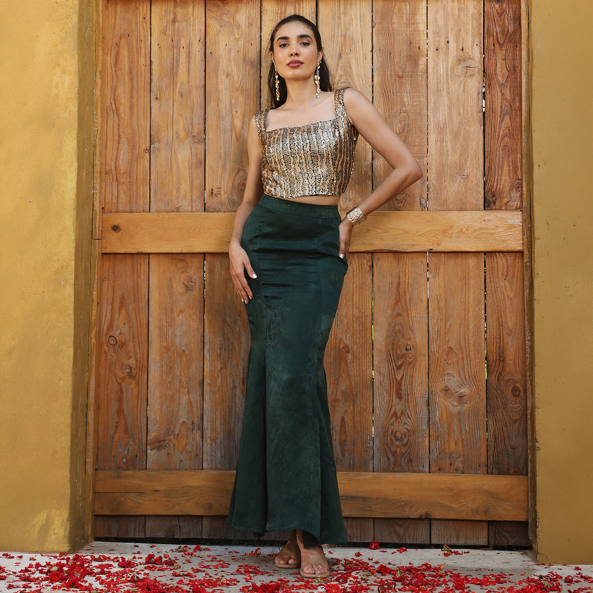 Embellished Silk Blend Sleeveless Square Neck Green  Co-ord Set