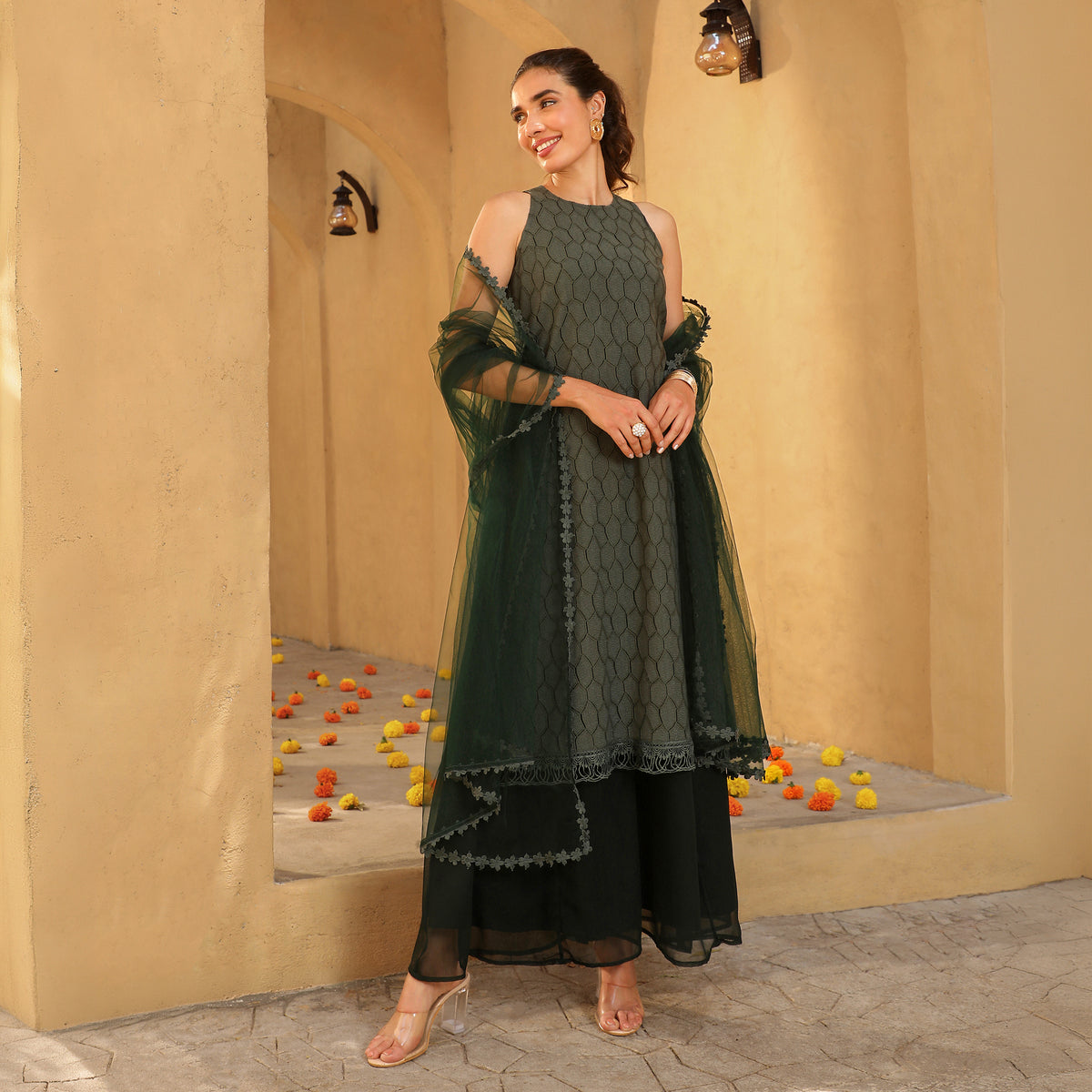 Green Cotton Blend A-Line Kurta Palazzo Set