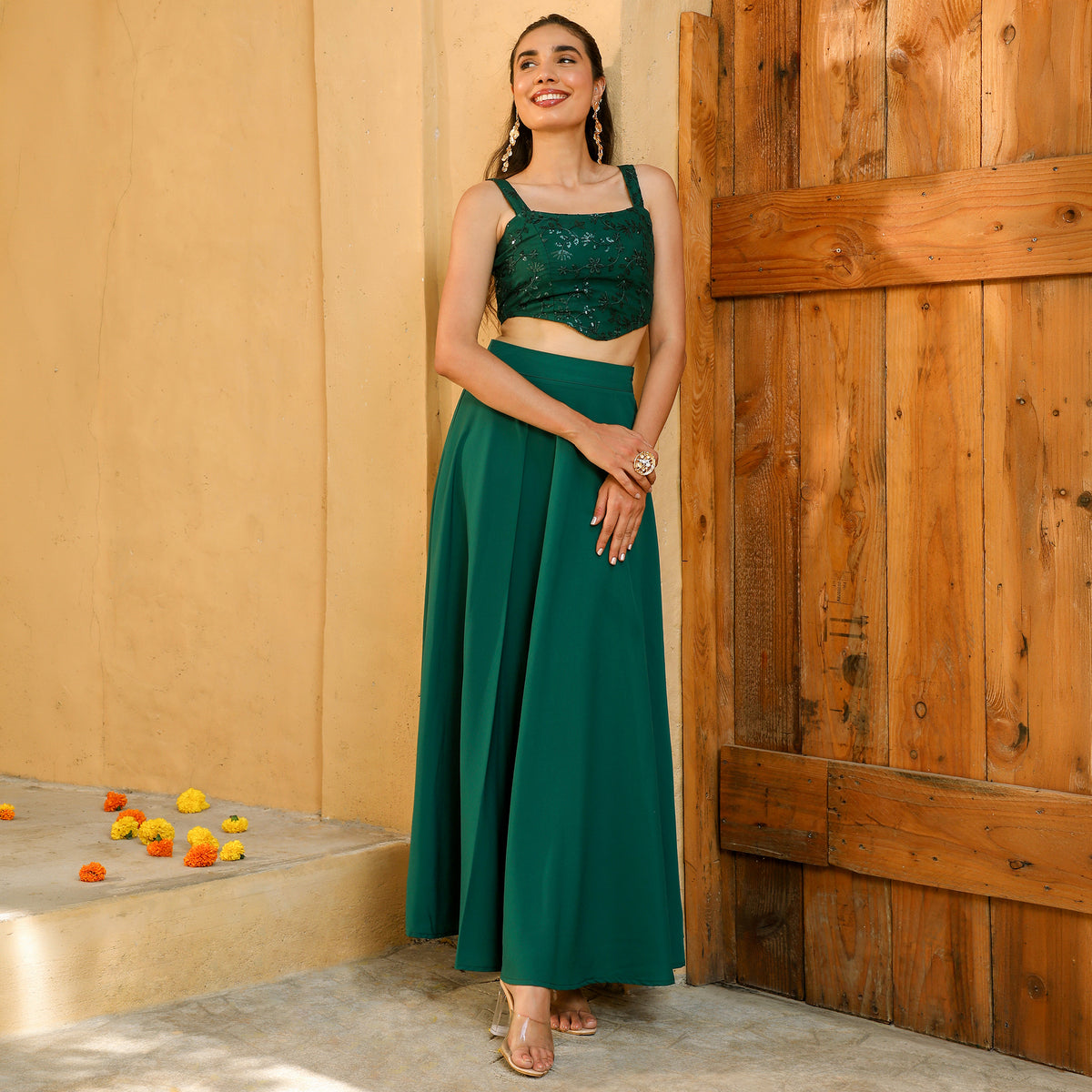 Embellished Sleeveless Square Neck Polyester Blend Green  Co-ord Set