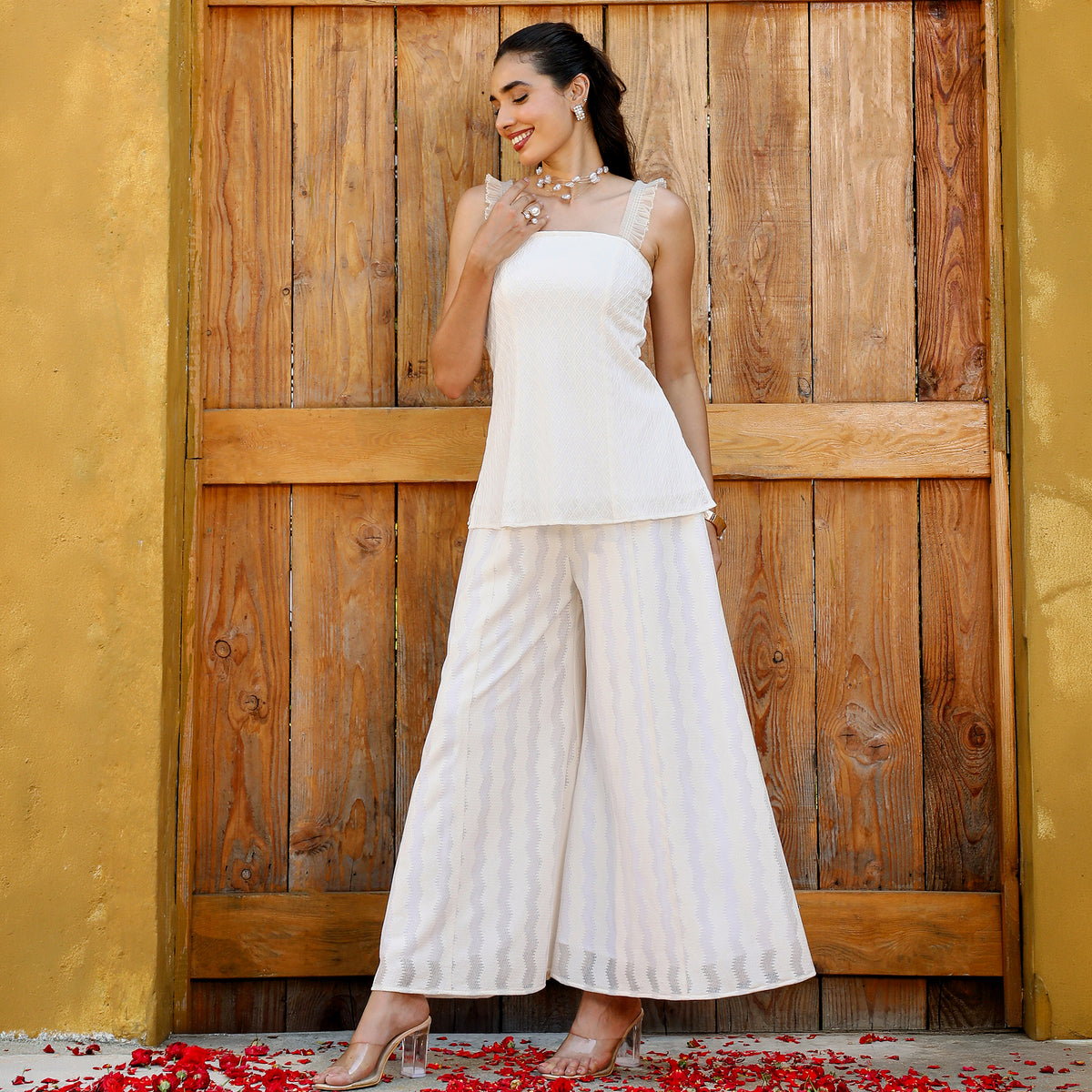 Knitted Self-Design Sleeveless Square Neck Palazzo Off-White  Co-ord Set