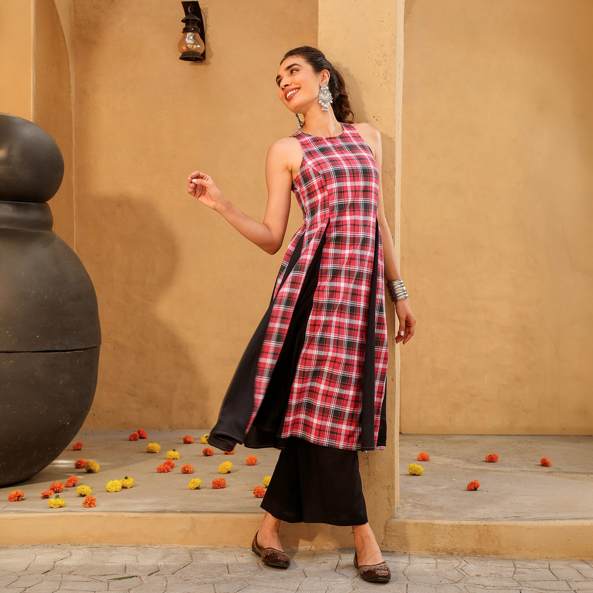 Red Cotton Blend Kurta with Palazzos