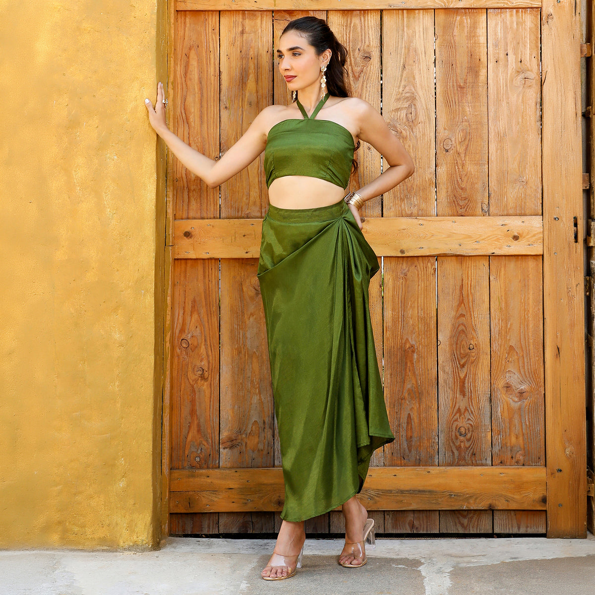 Solid Silk Blend Halter Neck Sleeveless Olive Green  Co-ord Set