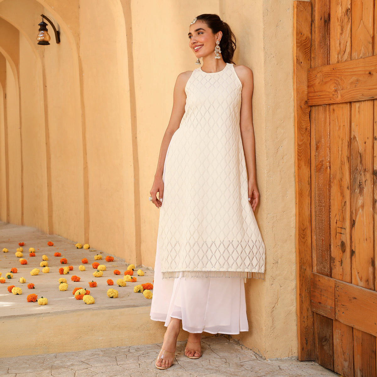 Cream Cotton Blend Kurta Palazzo & Dupatta Set
