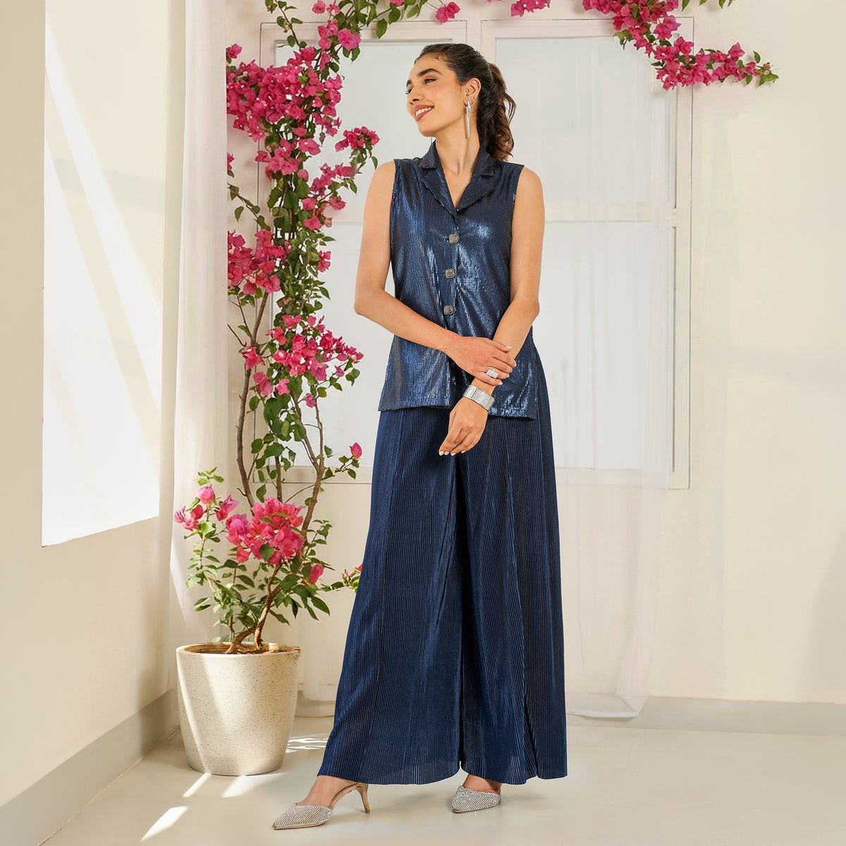 Sequinned Sleeveless Shirt Collar Pleated Navy Blue  Co-ord Set