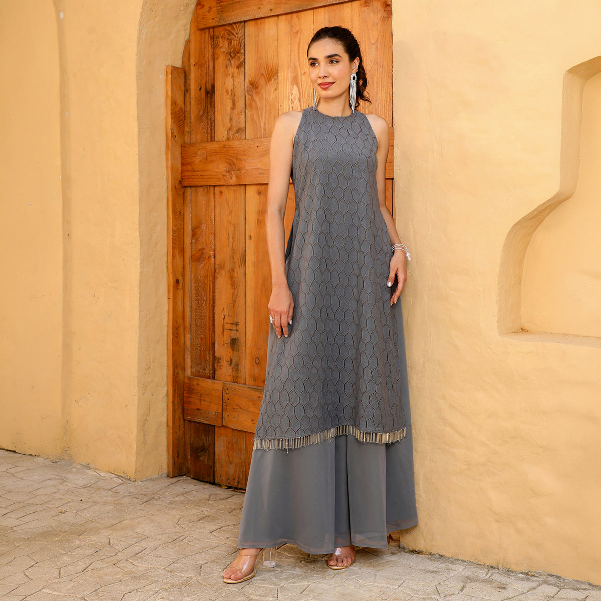 Grey Cotton Blend Geometric Textured Kurta with Palazzos & Dupatta Set