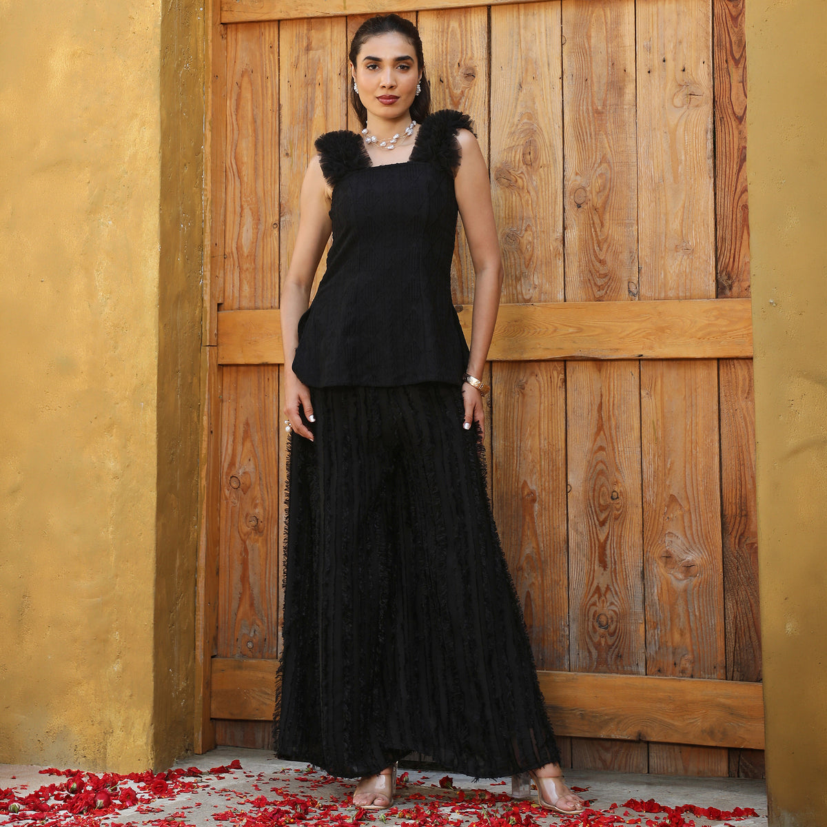 Textured Knitted Sleeveless Square Neck Black  Co-ord Set