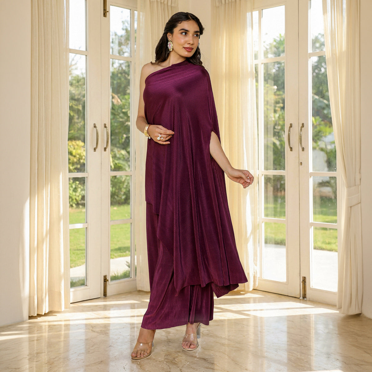 Textured Pleated One Shoulder Sleeveless Wine  Co-ord Set