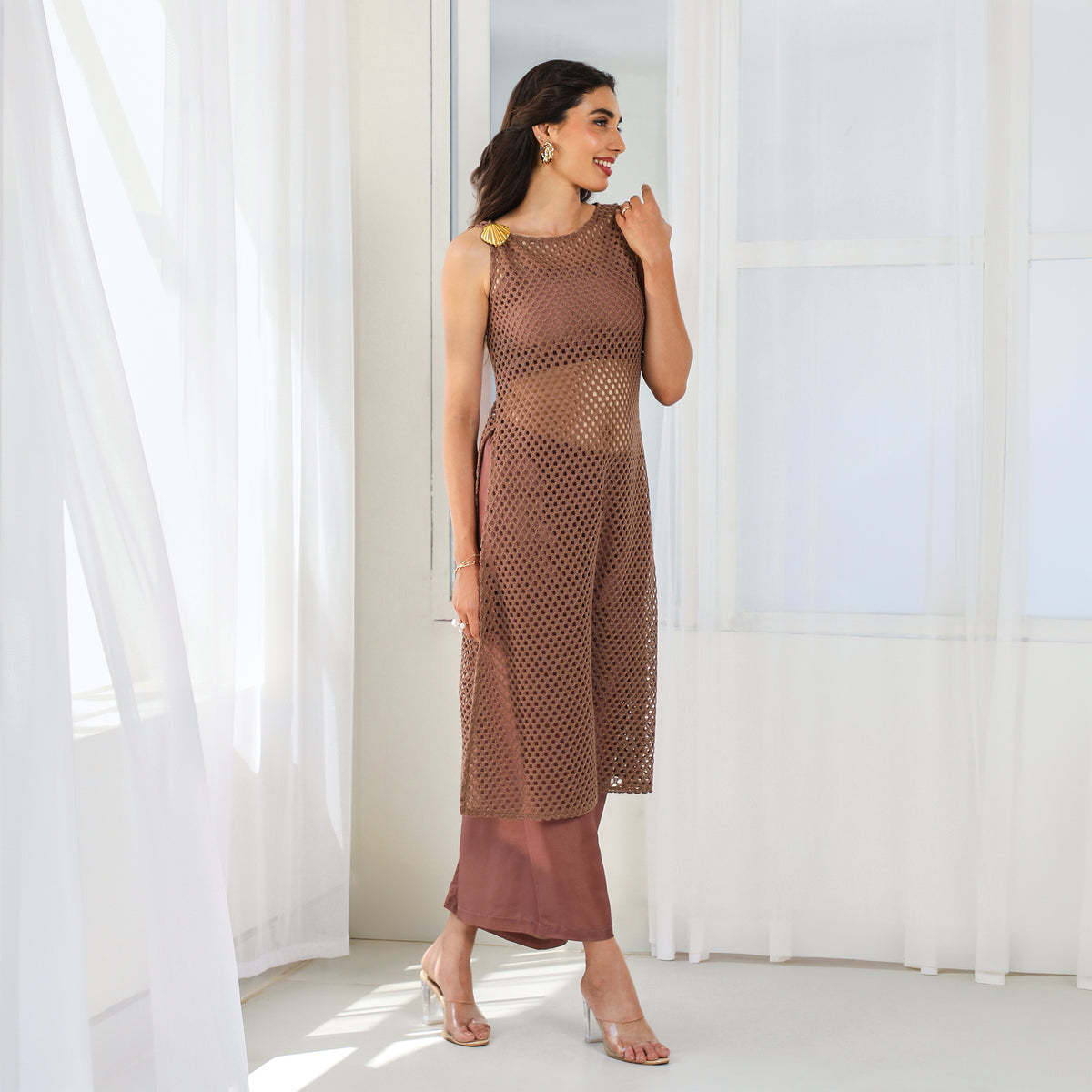 Brown Poly Cotton Net Kurta with Top and Palazzo Set