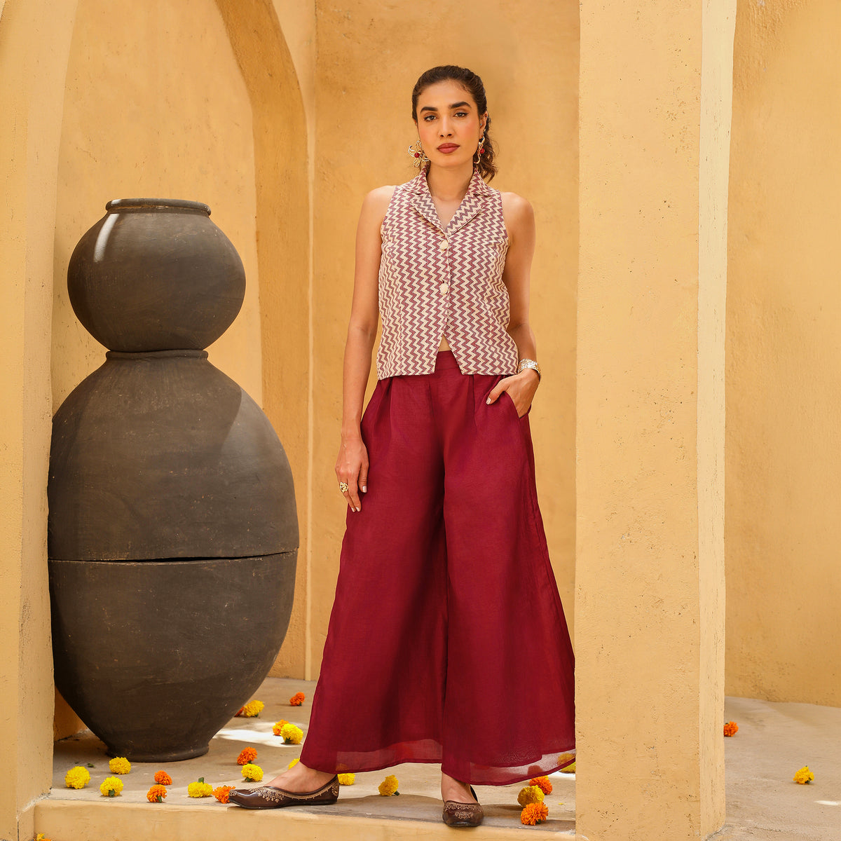 Geometric Woven Sleeveless Shirt Collar Maroon  Co-ord Set