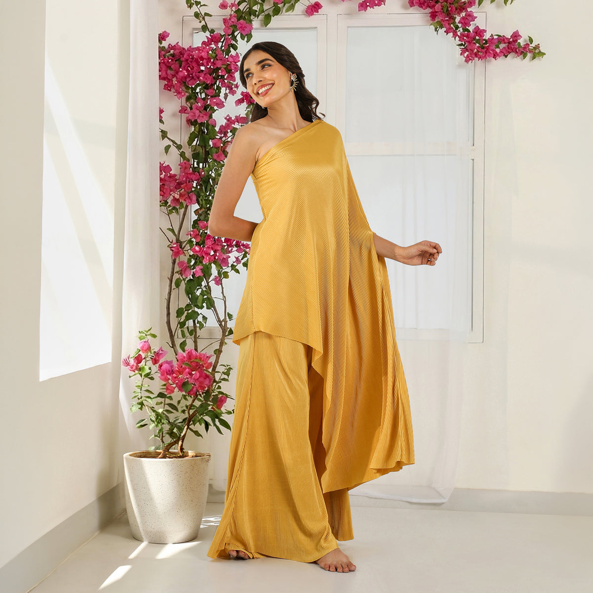 Micro-Pleated Sleeveless One-Shoulder Palazzo Mustard  Co-ord Set