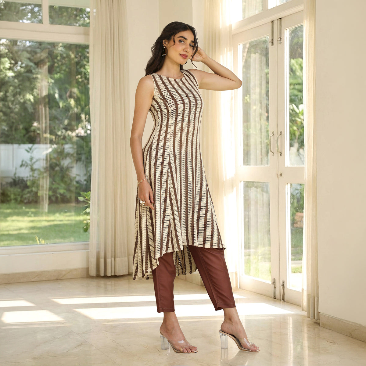 Brown Poly Cotton Striped Asymmetric Kurta with Pant Set