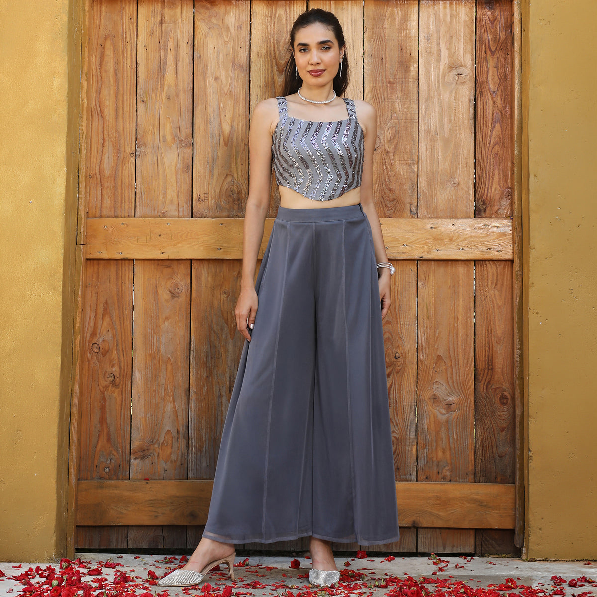 Embellished Georgette Sleeveless Square Neck Grey  Co-ord Set