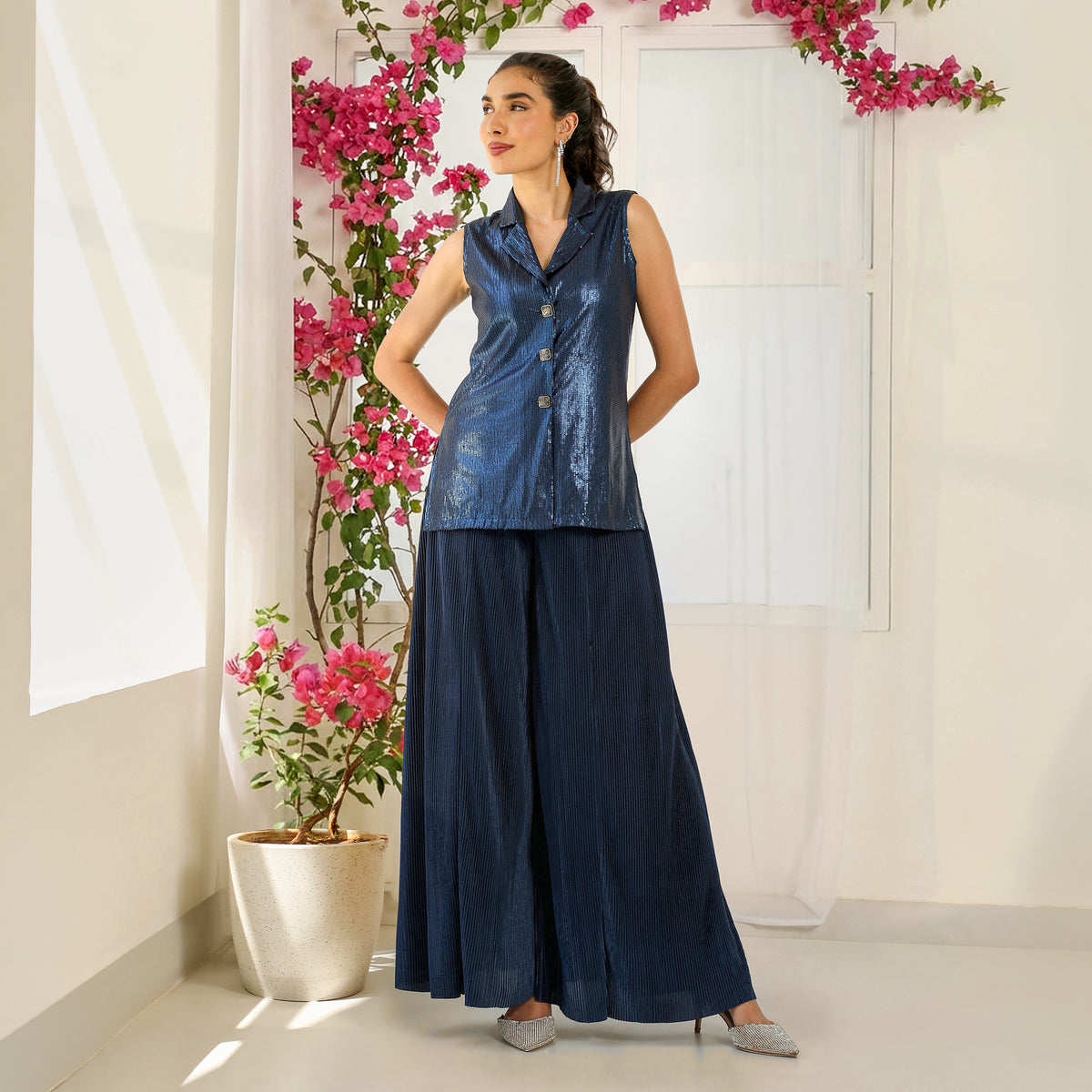 Sequinned Sleeveless Shirt Collar Pleated Navy Blue  Co-ord Set