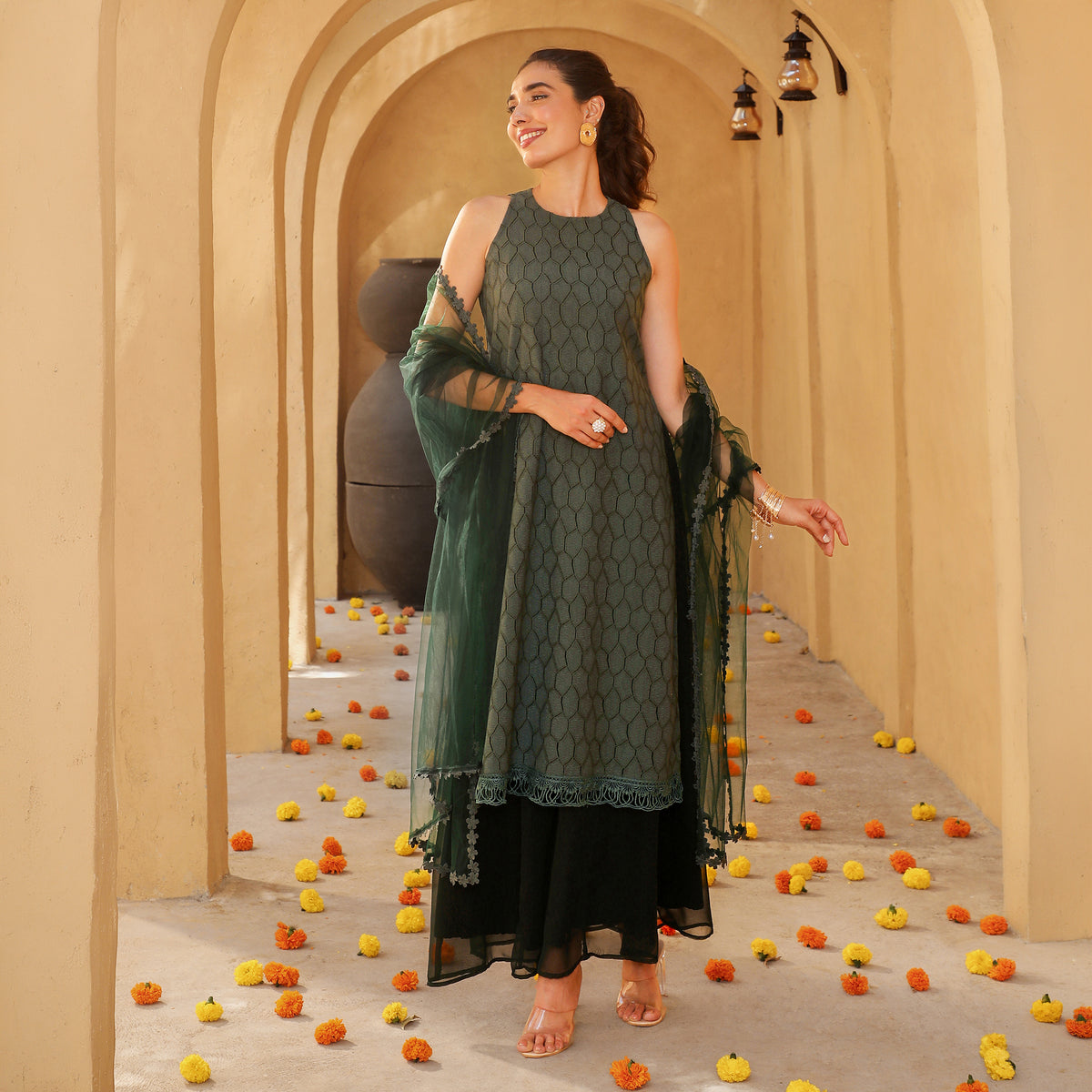 Green Cotton Blend A-Line Kurta Palazzo Set