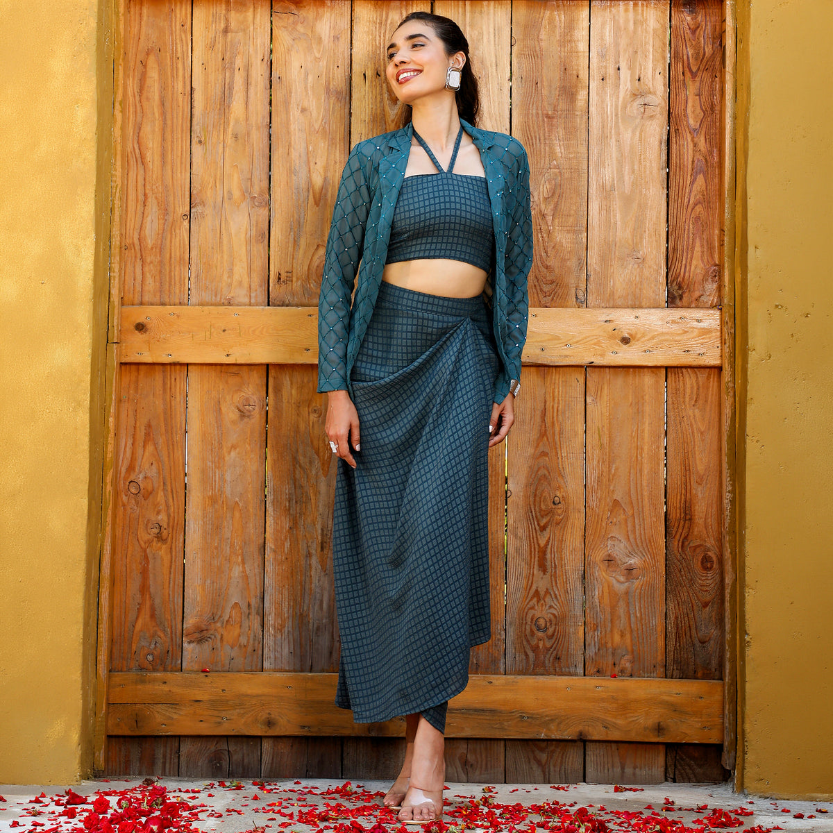 Geometric Georgette Halter Neck Full Sleeves Teal  Co-ord Set