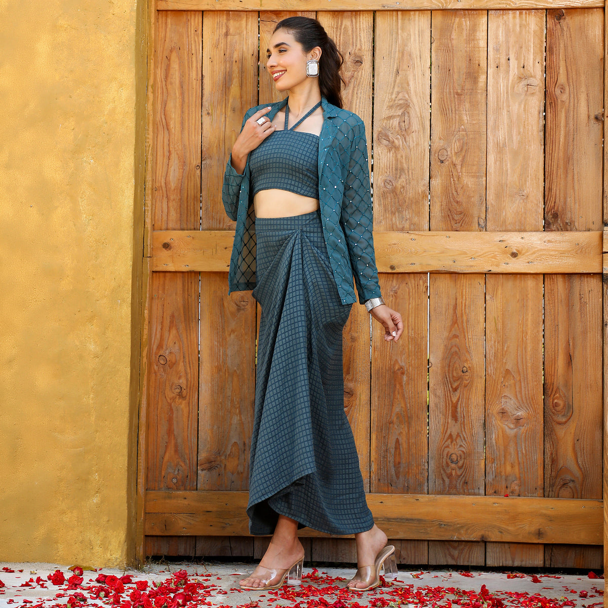 Geometric Georgette Halter Neck Full Sleeves Teal  Co-ord Set