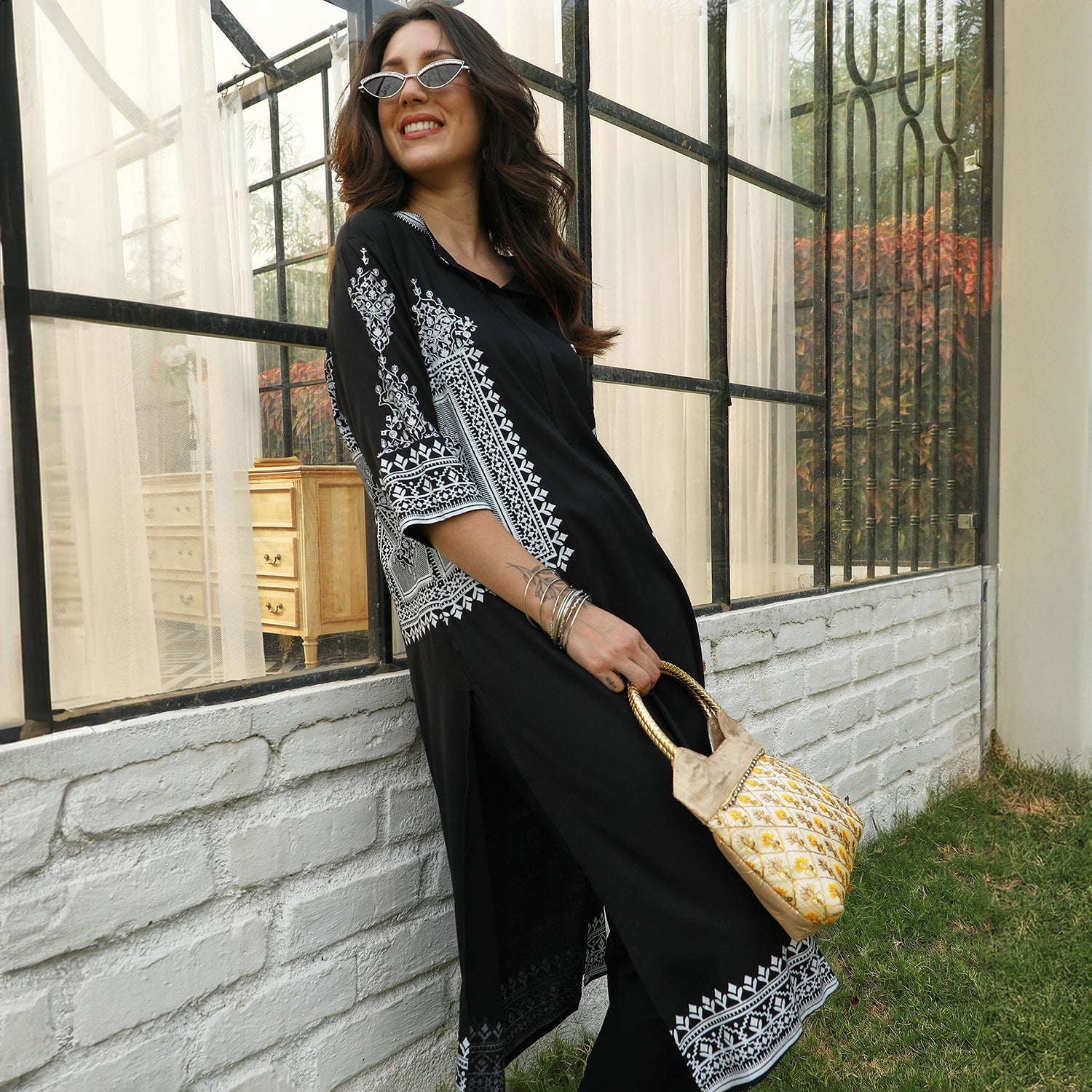 Geometric Print Kurta With Trousers Set