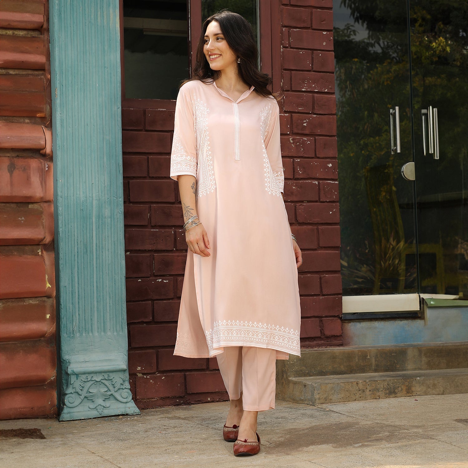 Minimal Ethnic Print Kurta With Trousers Set