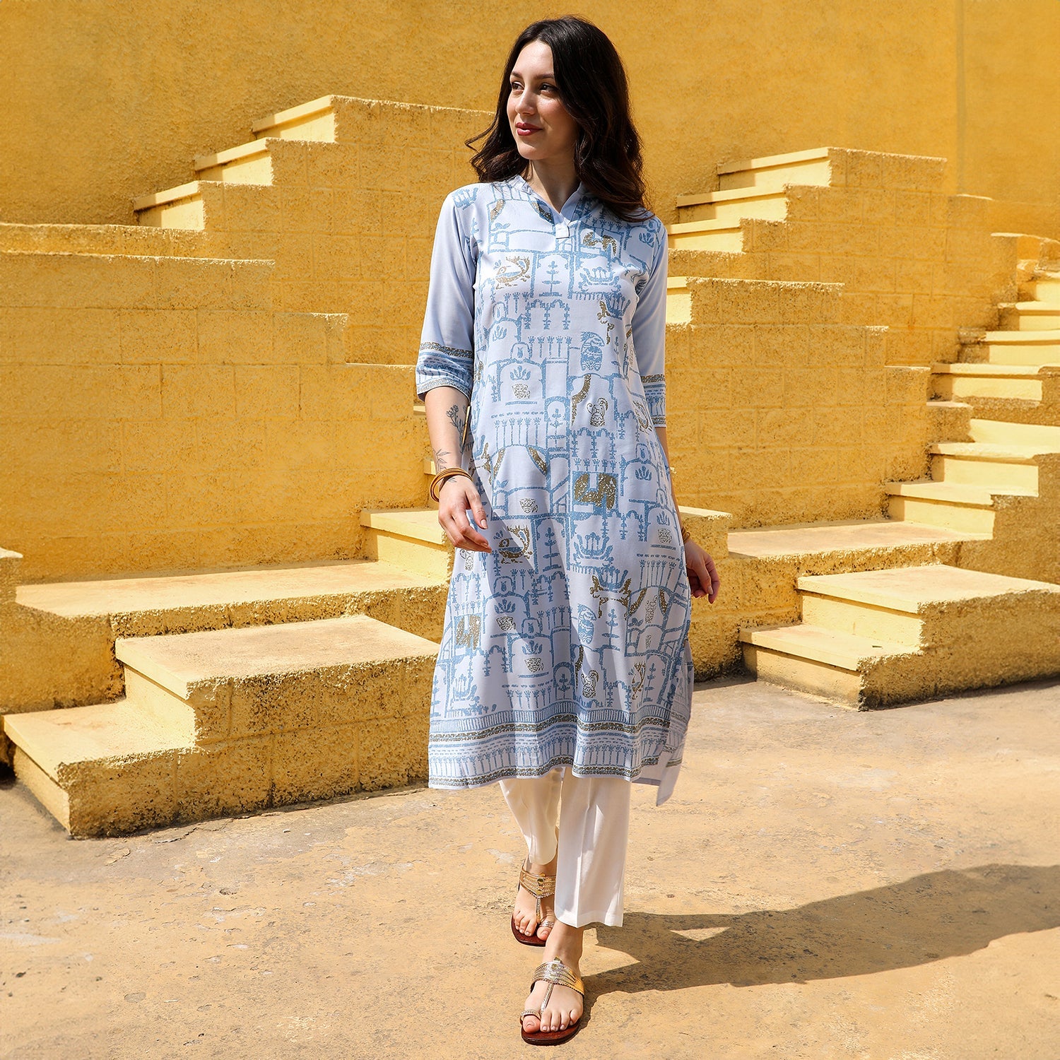 High-Low Ethnic Print Kurta With Trousers Set