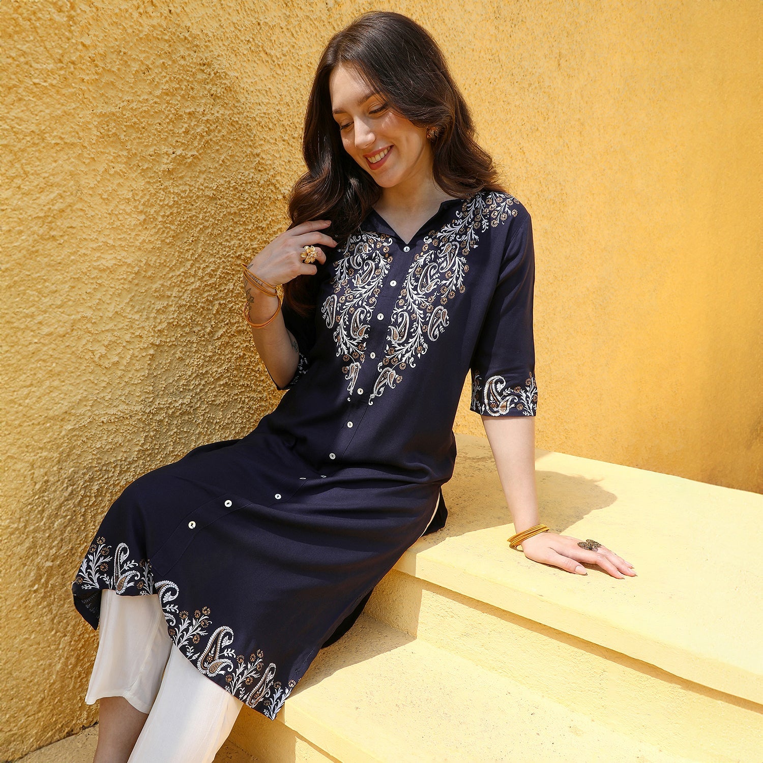 Paisley Print Kurta With Metallic Print Trousers Set