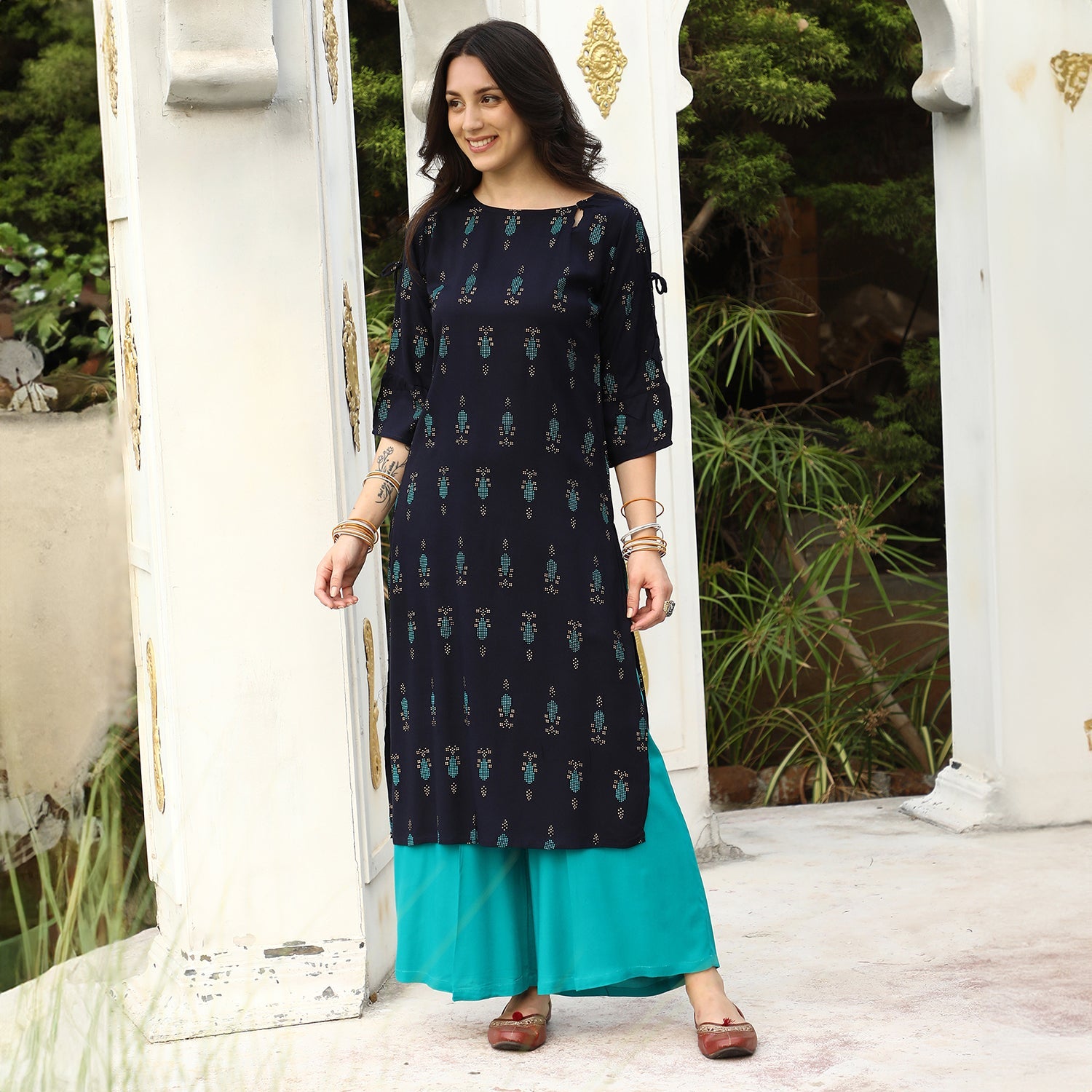 Floral Block Print Kurta With Palazzo Set