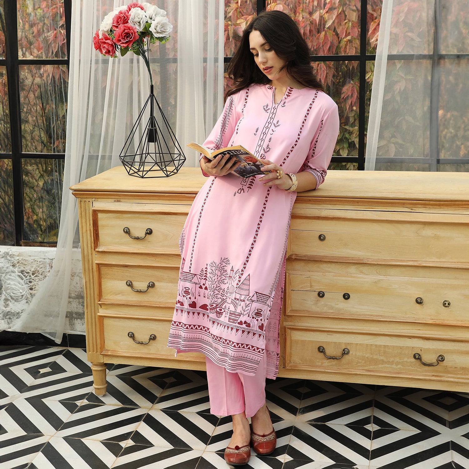 Landscape Block Kurta With With Trousers Set