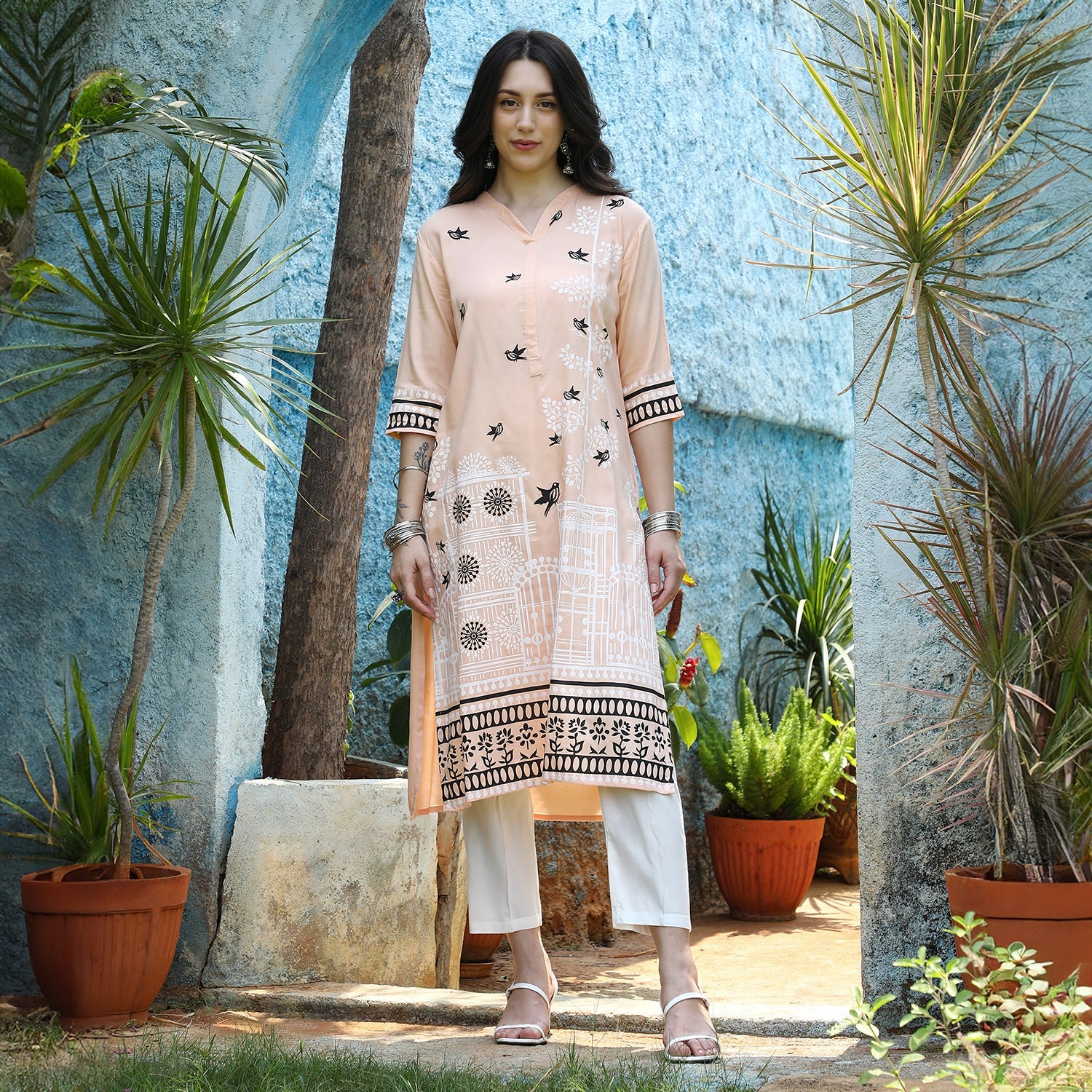 Bird Print Kurta With Trousers Set