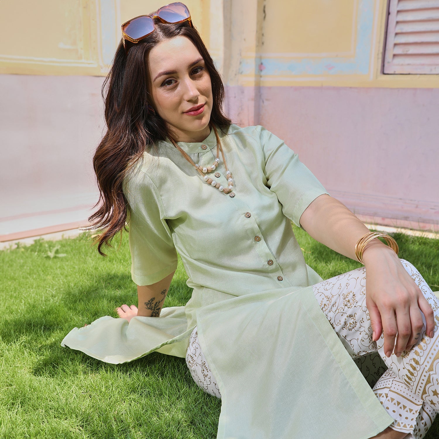 Button-Up Shirt Kurta With Trousers Set