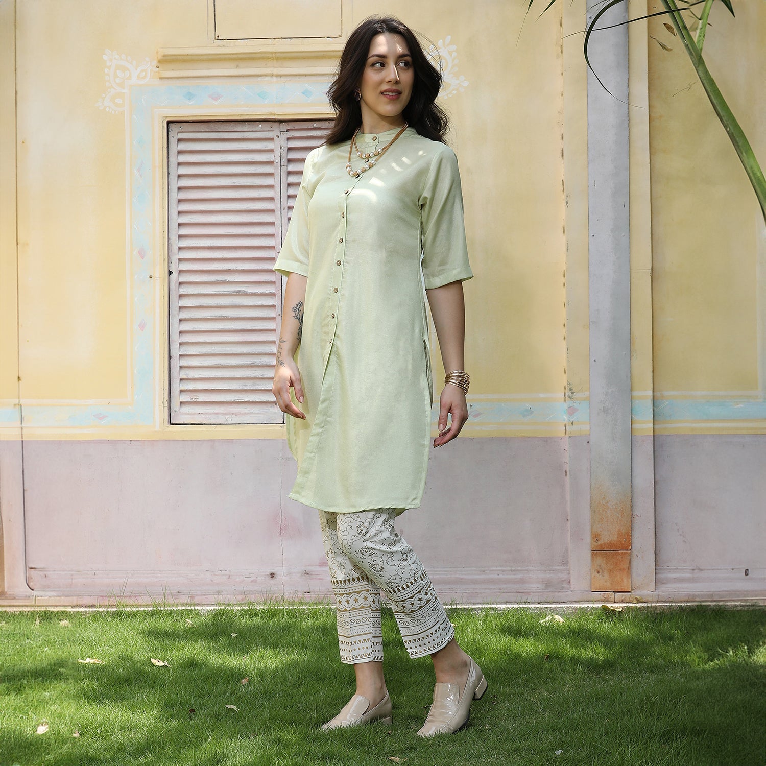 Button-Up Shirt Kurta With Trousers Set