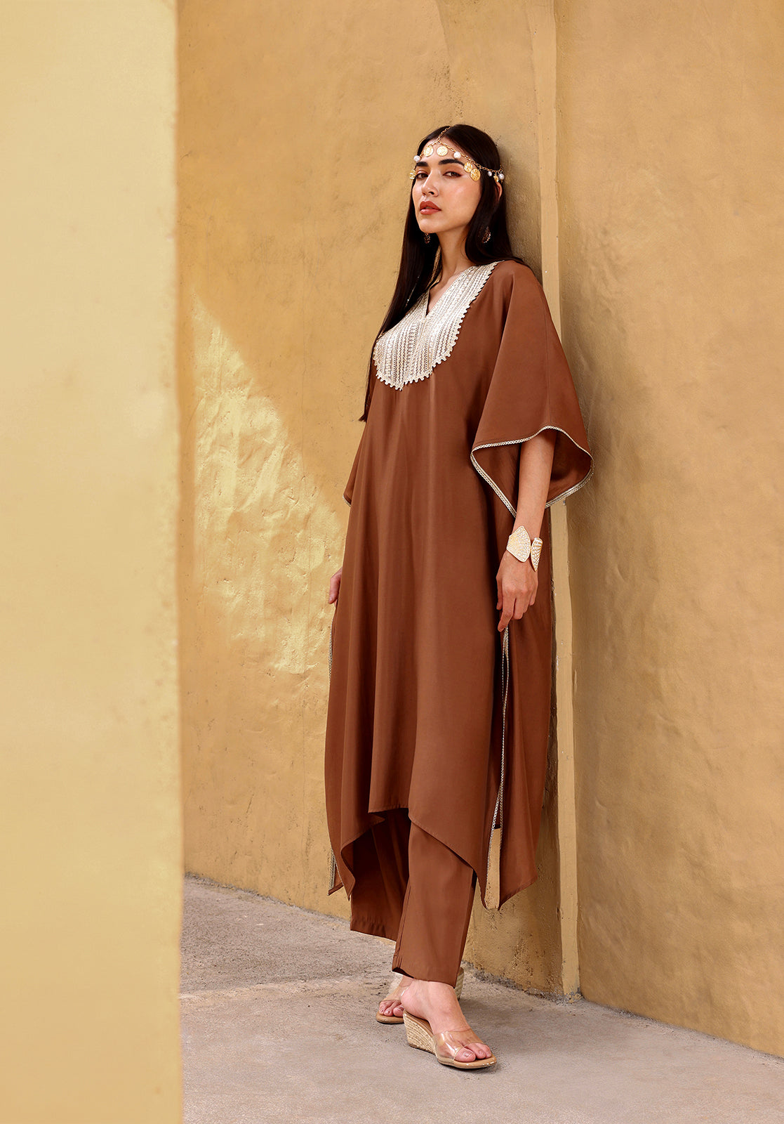 Brown Polyblend Kaftan & Trouser Set