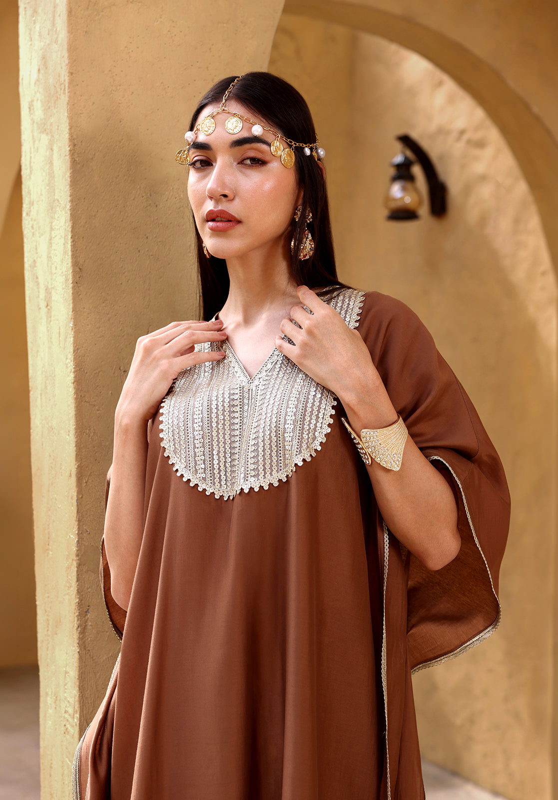 Brown Polyblend Kaftan & Trouser Set