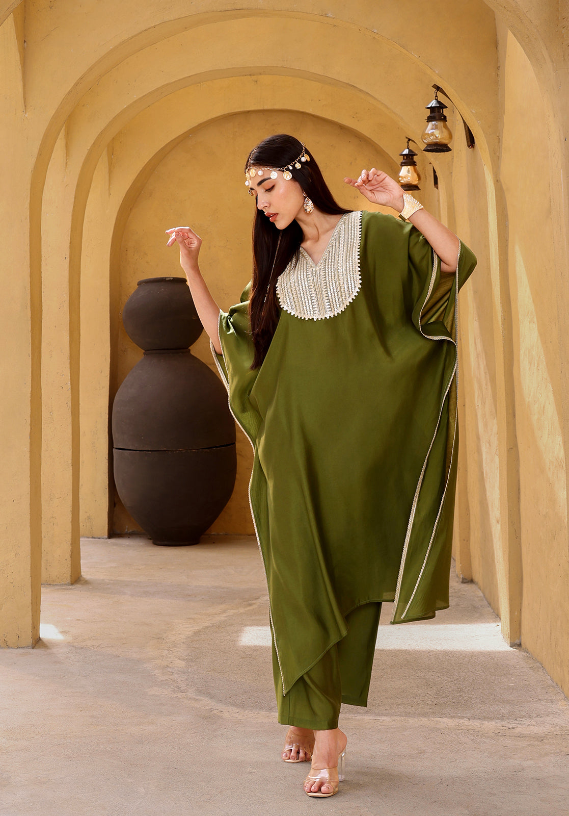 Green Polyblend Kaftan Kurta with Trousers
