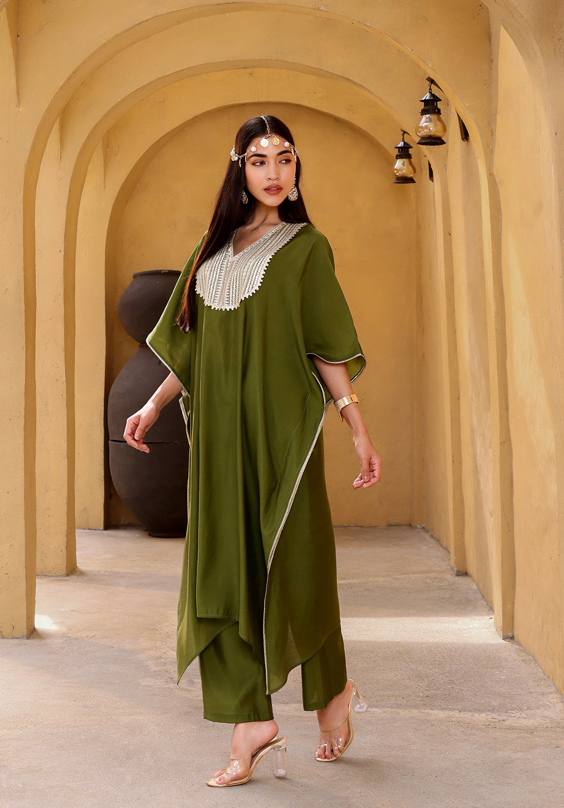 Green Polyblend Kaftan Kurta with Trousers