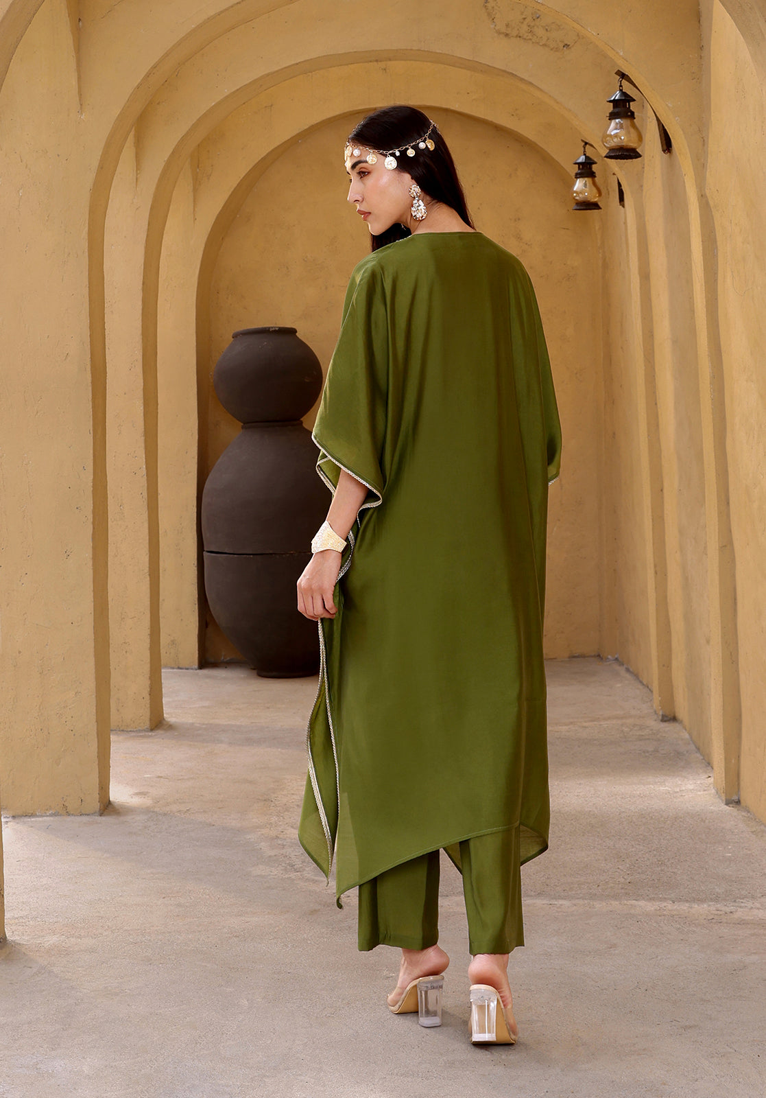 Green Polyblend Kaftan Kurta with Trousers