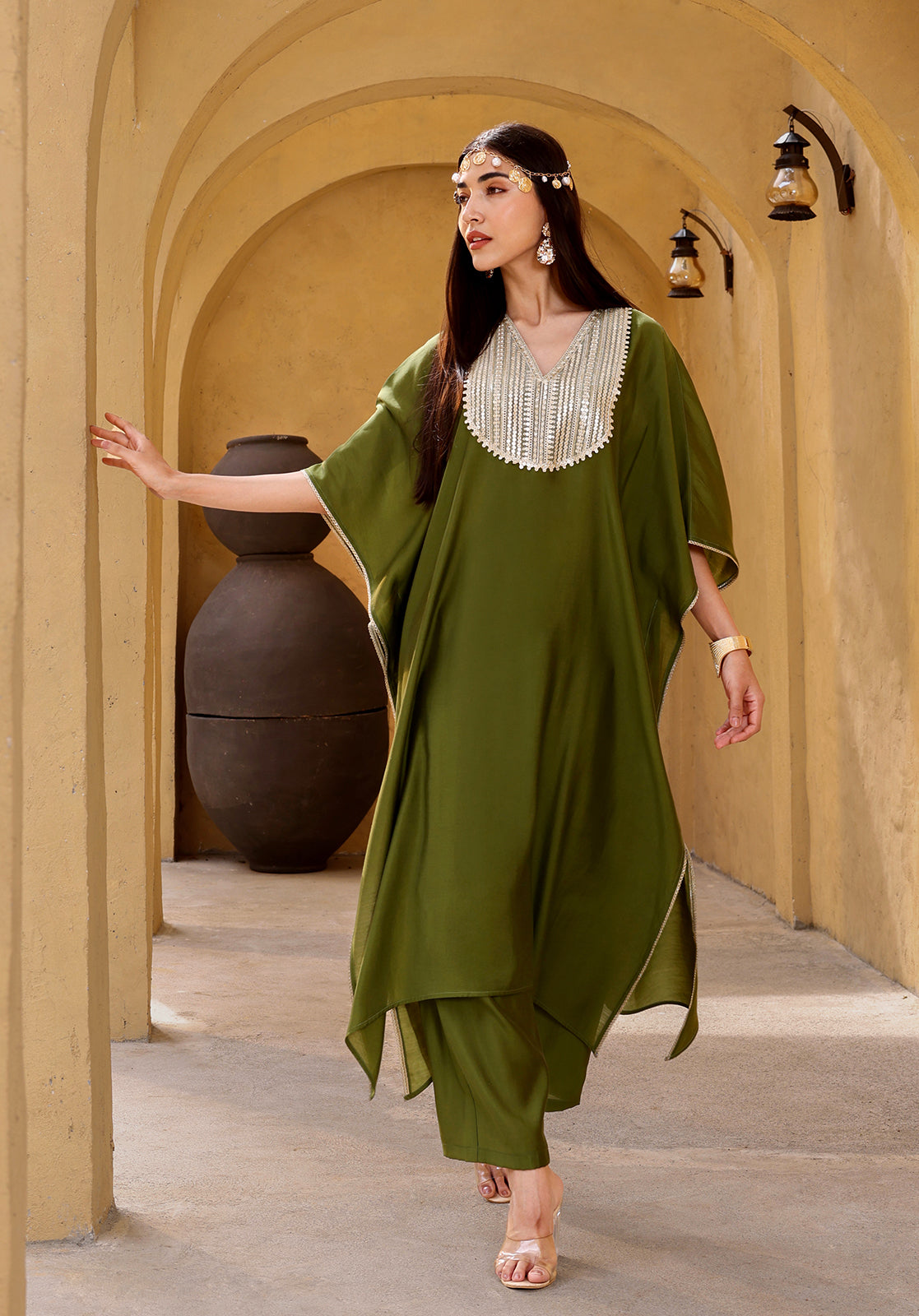Green Polyblend Kaftan Kurta with Trousers