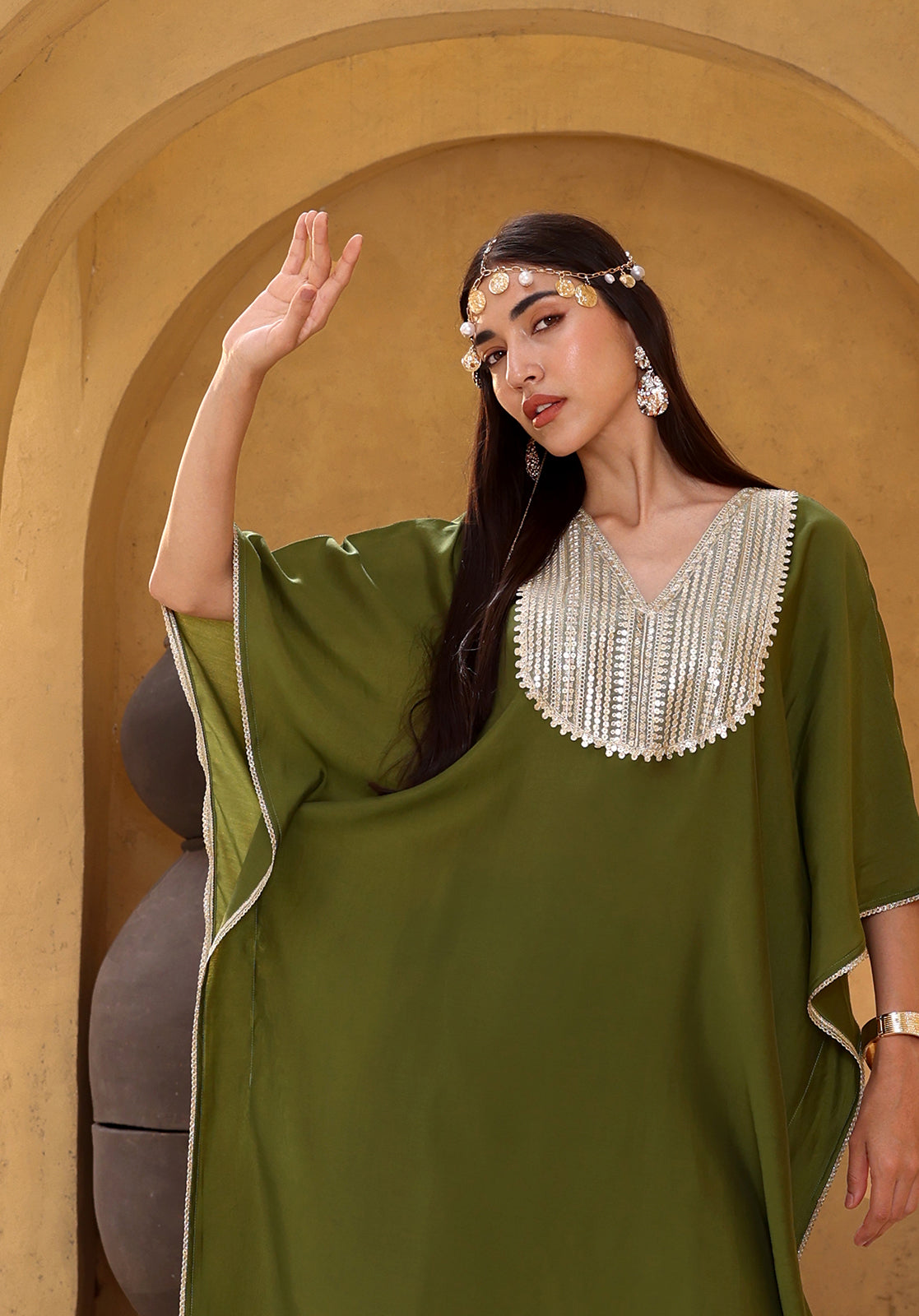 Green Polyblend Kaftan Kurta with Trousers