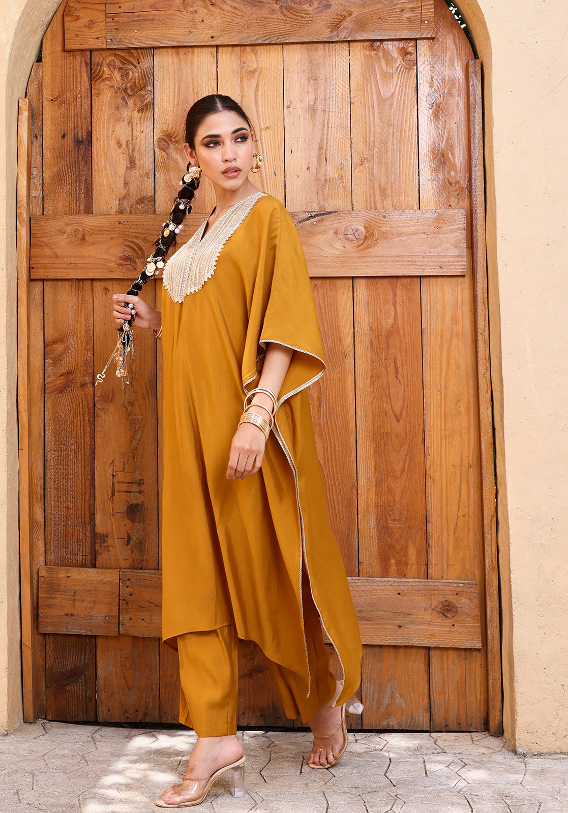 Yellow Polyblend Embroidered Kaftan Kurta with Trousers Set