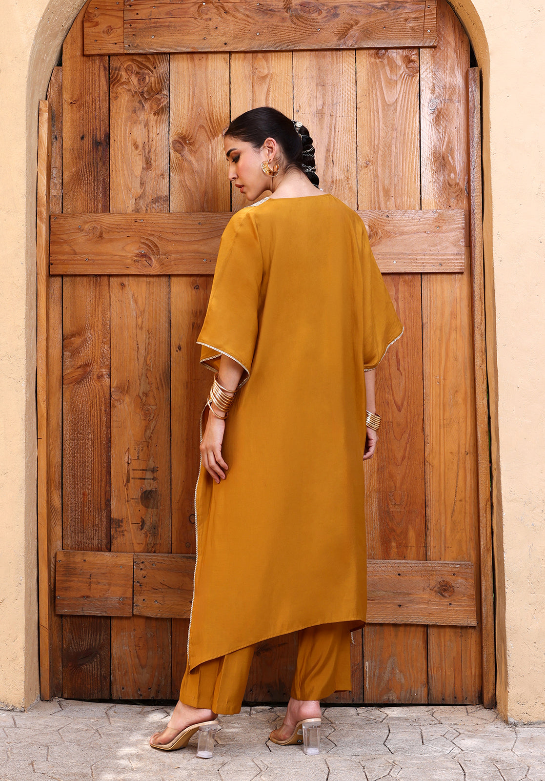 Yellow Polyblend Embroidered Kaftan Kurta with Trousers Set
